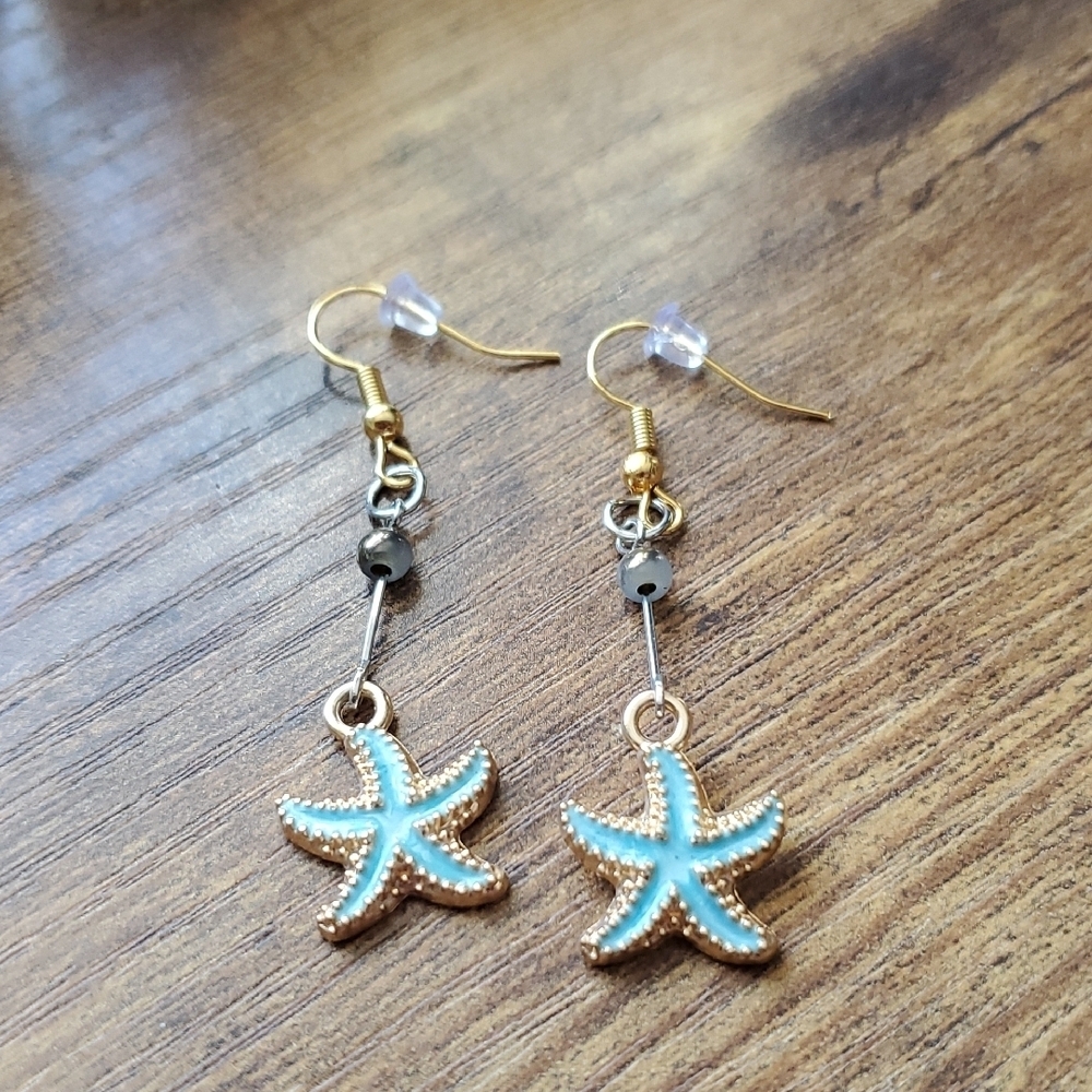 Starfish Gold and Blue Earrings - Picture 2 of 2